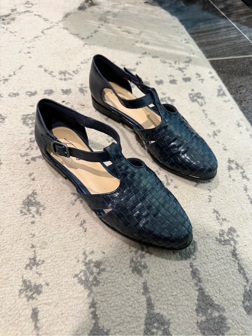 Trotters Navy Woven T-Strap Flats